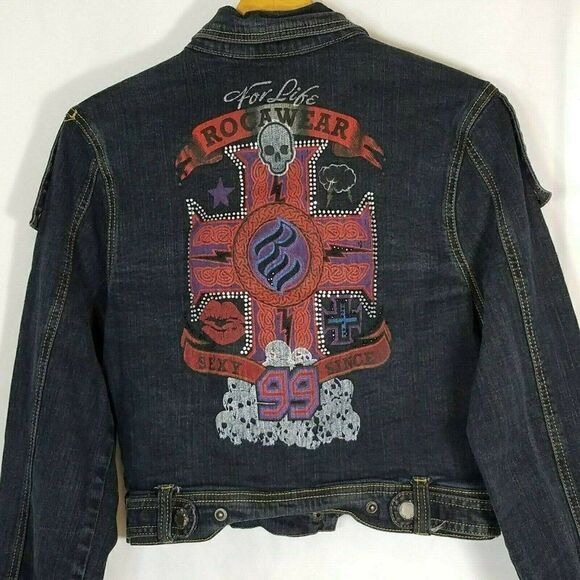 Rocawear Jean Jacket XL Gothic Skull Bling Screen Print Patch Pockets - Picture 1 of 8
